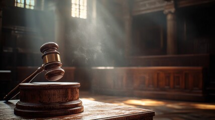 Dramatic Courtroom Scene with Gavel and Sunlight gavel courtroom sunlight dramatic sound block law