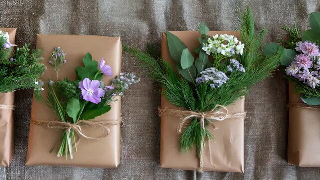 A presentation of wrapped gifts adorned with fresh flowers and greenery for winter celebrations