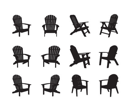 Collection of adirondack chair silhouettes showcasing various angles and views essential outdoor wooden furniture symbol set
