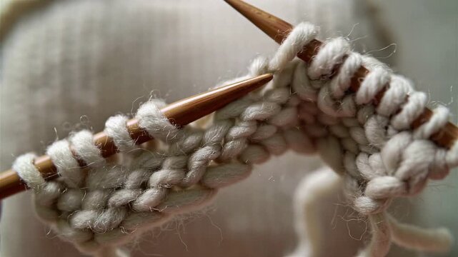 Close up of knitting soft wool yarn