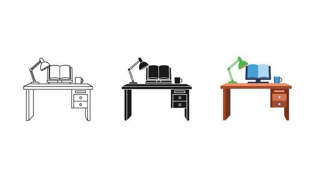 Three different desks with various office equipment Vector
