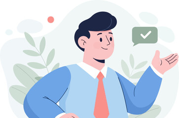 Friendly man in blue shirt and tie gestures, with a checkmark in a speech bubble