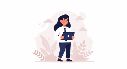 Fototapeta premium A woman in a white shirt, blue tie, and dark pants holds a tablet with a speech bubble design