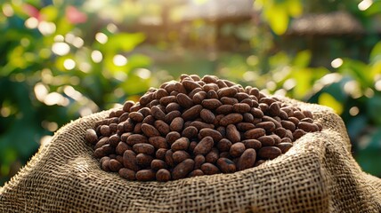 Pile of Raw Cocoa Beans in Burlap Sack in Sunlight raw beans sack burlap pile cocoa sunlight jute ai