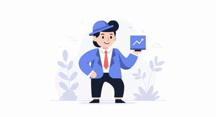 Cheerful person in blue suit and hat holds chart