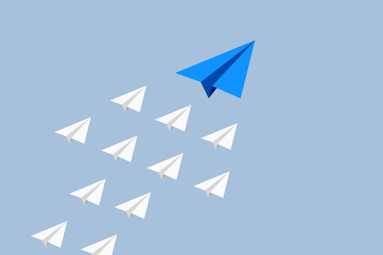 Paper planes flying in arrow up formation, success strategy, thought or industry leader, business growth concept