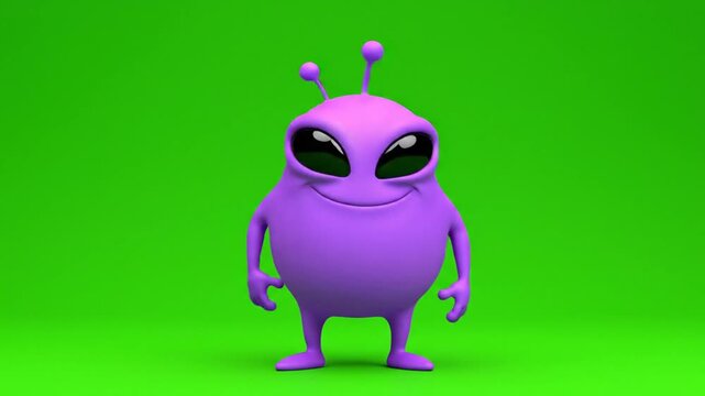 A smiling, purple creature with closed eyes and raised arms stands against a vibrant green background. It has antennae