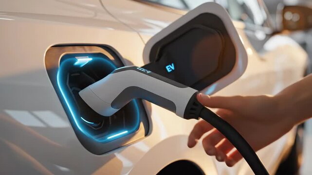 Electric vehicle charging process with hand holding charging connector, illuminated charging port, and sleek car body in a modern indoor setting