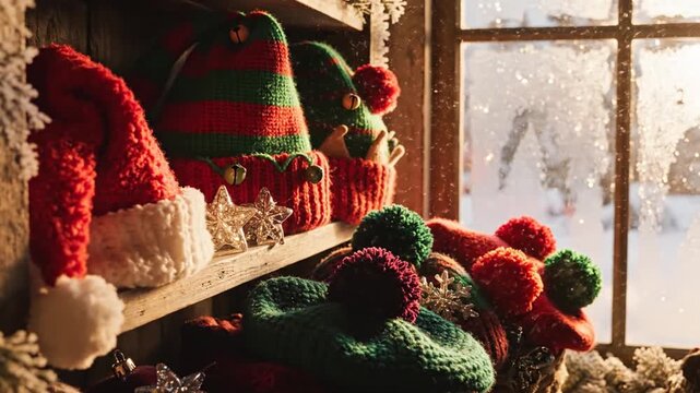 Cozy winter room filled with knitted hats, snow-dusted shelf and warm sunlight