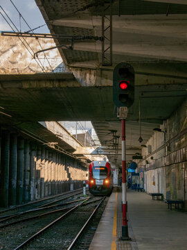 wkd commuter train at warszawa śr&oacute;dmieście station in warsaw poland