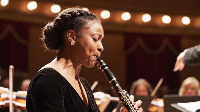 A focused clarinetist plays during a live orchestral performance, creating a sophisticated and artistic atmosphere. Ideal for illustrating musical tal