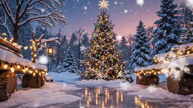 Cozy winter scene featuring a glowing christmas tree framed by snowed benches and lanterns in a snowy forest