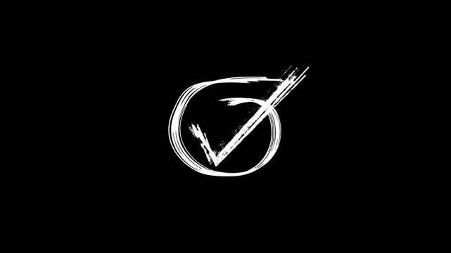 hand-drawn white circle with tic mark icon brush stroke highlight marker shape animation on black background
