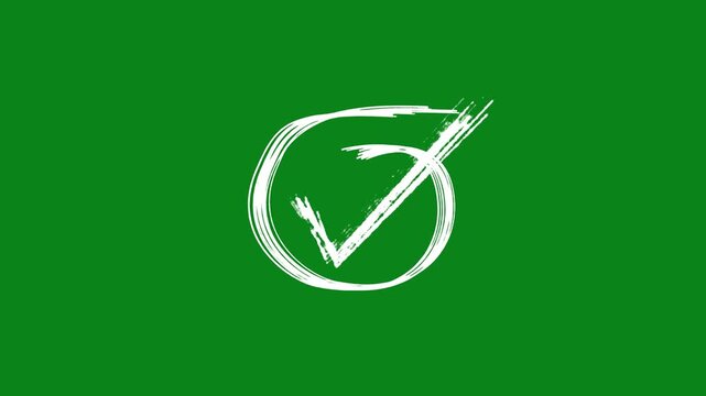 hand-drawn white circle with tic mark icon brush stroke highlight marker shape animation on green background