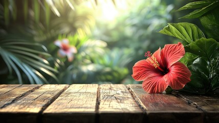 Red Hibiscus Flower on Rustic Wood Table with Tropical Background and Copy Space hibiscus flower sun