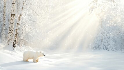 Polar Bear Walking Through Snowy Forest with Sunbeams bear snowy forest sunbeams polar bear arctic