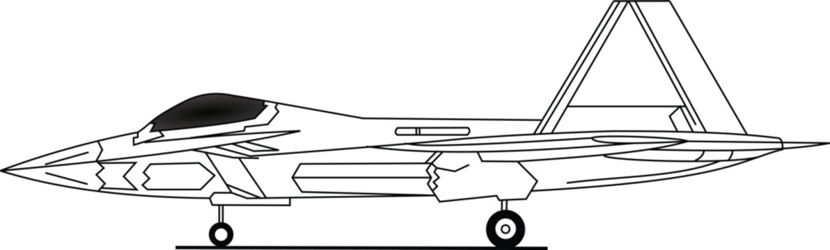 F22 Fighter Jet Lockheed Lightning II Sideview Profile Section Illustration Design