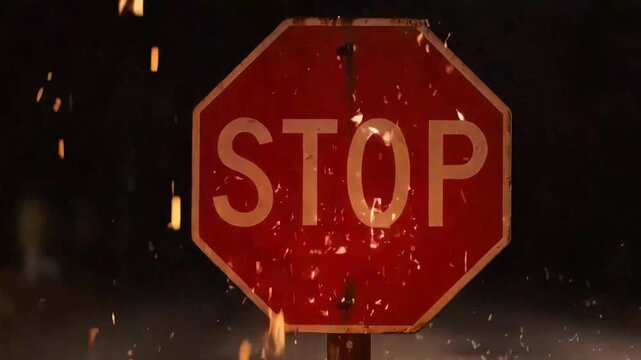 Stop sign being cut by sparks from grinding or welding