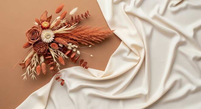 An elegant top-down composition featuring a bouquet of dried flowers in terracotta and cream tones placed next to draped, flowing silk fabric on a warm brown background