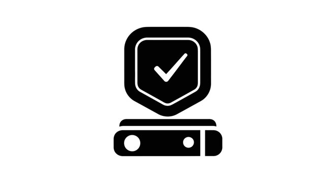 data security shield icon with checkmark protecting a server illustrating secure data storage and verified system protection.