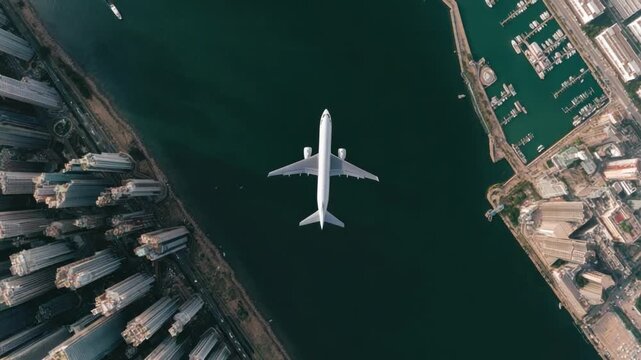 Aerial Journey: An airplane soars majestically above a serene waterway, navigating between modern cityscapes. Witness the fusion of transport and urbanization from a bird's eye view.