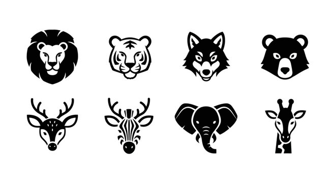 Collection of Various Animal Faces in Black.