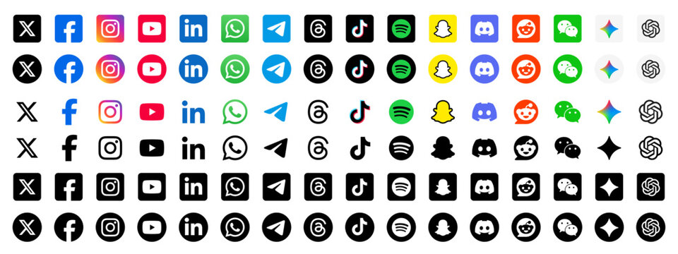 Complete 2026 social media icon set containing both colored and black logos of popular platforms: Facebook, X, Instagram, YouTube, WhatsApp, LinkedIn and TikTok. Gemini and ChatGPT AI chat