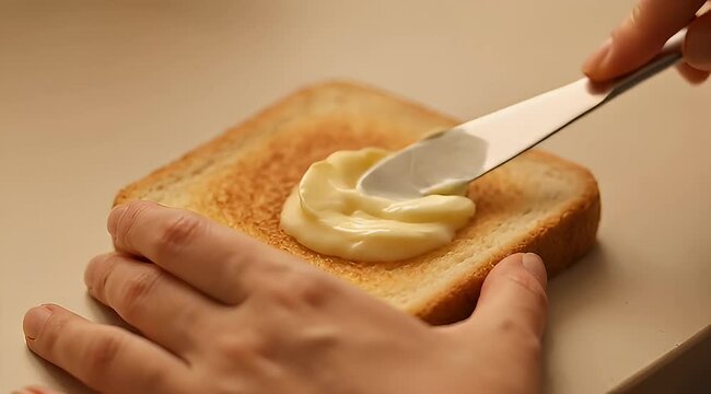 Close up of a hand spreading butter onto a slice of toast