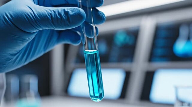 Hand in blue glove holding test tube with blue liquid in lab