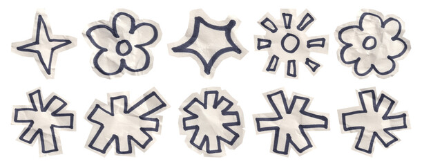 Set of halftone star and flower shapes with dot grain texture effect isolated on transparent background