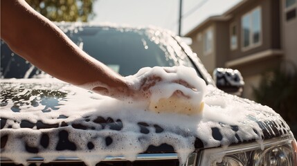 Car wash activity taking place during the day with soapy water on the vehicle and a person cleaning the surface