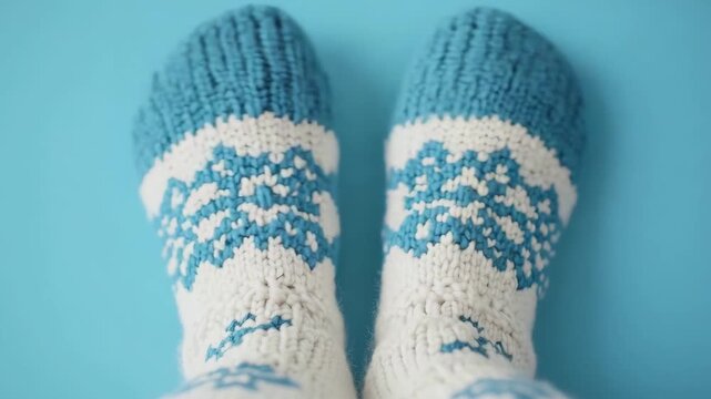 Knitted socks with blue designs are shown on a light blue surface to inspire cozy fashion and craft projects