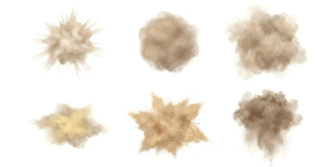 Realistic dust cloud and sand explosion vector illustration set isolated on white background for game and motion design