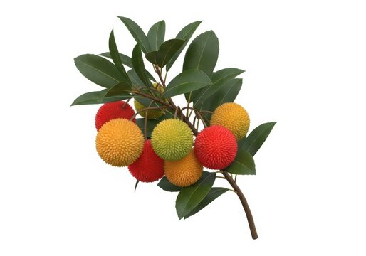A branch of colorful arbutus fruits isolated on white background, closeup view