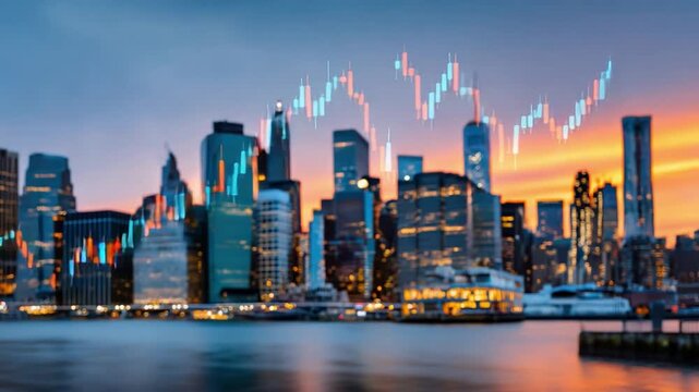 Financial District at Sunset: Skyline illuminated by city lights, symbolizing economic growth, interwoven with stock market graphs, captures the essence of progress. 