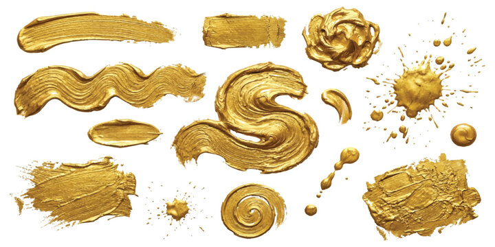 Luxury set of gold metallic brush strokes and paint splatters with thick texture on white background vector illustration