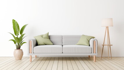 modern sofa with cushion sits in a room with wooden floors. green plant stands nearby and a lamp is located on a corner. Light fills the space creating a cozy feel. 3d render © angel_nt