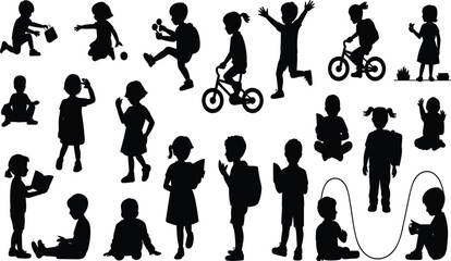 Fototapeta premium Children silhouettes collection set, kids playing and jumping, school students with backpacks, childhood diverse activity group