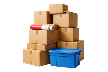 Moving boxes stacked with blue storage bin on transparent background