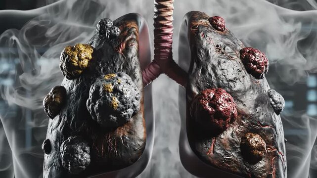 Digital rendering of diseased lungs with tumors and smoke, illustrating severe lung damage