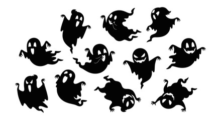 Naklejka premium a fun collection of spooky halloween ghost silhouettes floating on a white background perfect for festive seasonal designs.