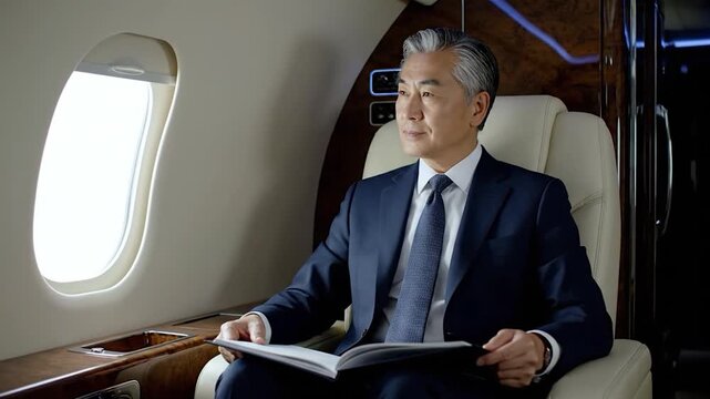 Wealthy businessman in suit reading documents on private jet.