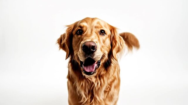 Happy Golden Retriever dog sitting on white studio background
