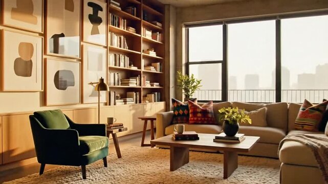 Epic slow zoom-out from detailed cozy corner to full room reveal in intentional, meaningful design style.