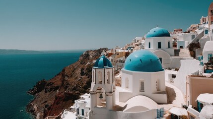 Naklejka premium Coastal town with blue domed churches and white buildings against blue sea