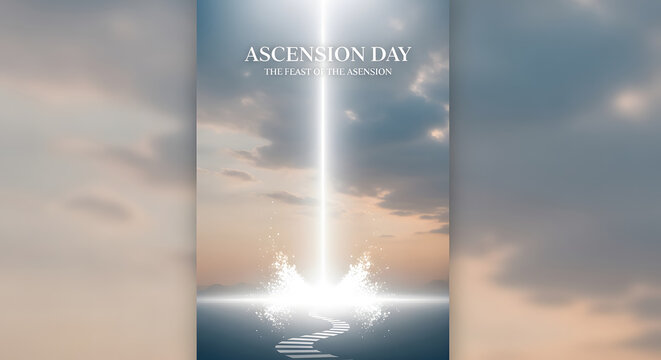 Ascension Day religious celebration graphic with light beam, clo