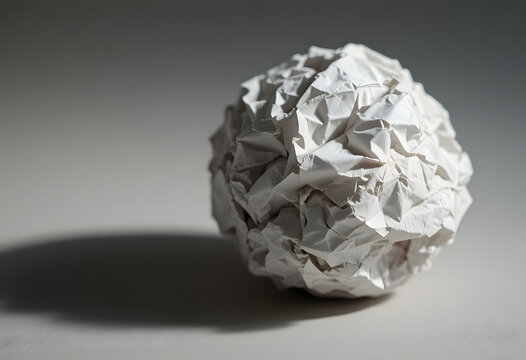 Crumpled Paper Ball with Shadow on Gray Background