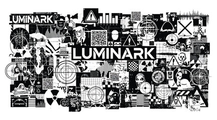 Black and white collage of various shapes and symbols with luminark logo on white background