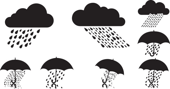Rainy weather icons with umbrellas and raindrops illustrations set