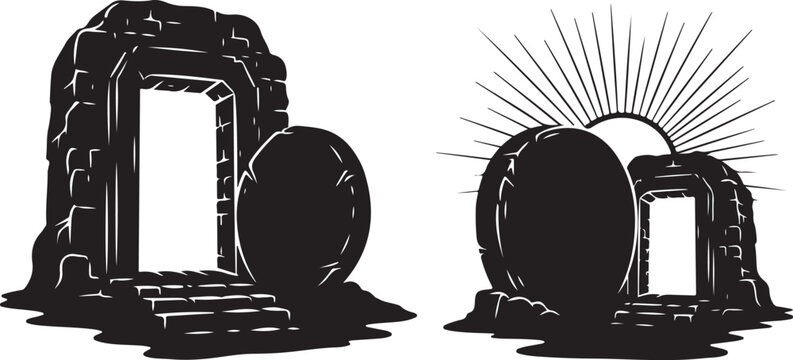 Easter tomb stone rolled away with sun rays shining